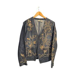Chico's Women's Size 1 Embroidered Blue Denim Jean Jacket Artistic
